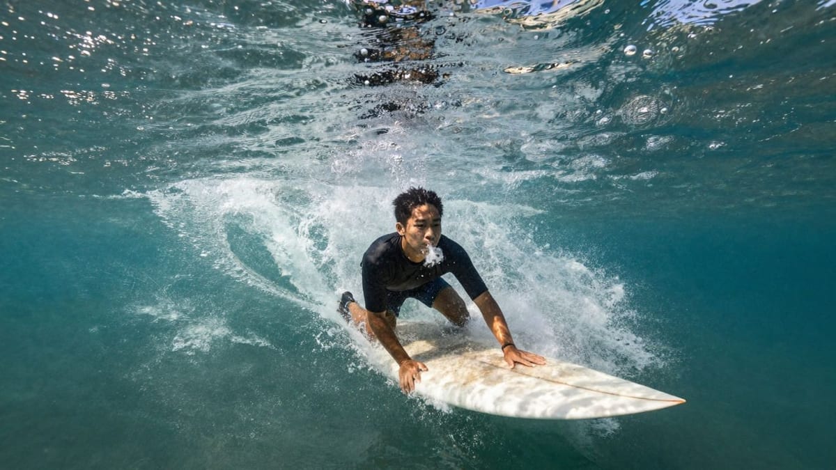 Surfer atmet ruhig unter Wasser, Blasen steigen auf.