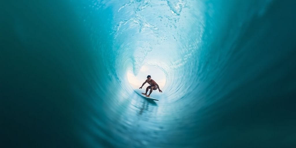 Surfer in einer großen, hohlen Welle