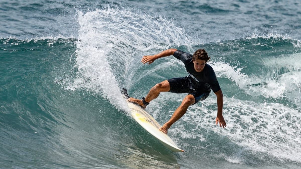 Surfer macht einen Bottom Turn auf einer Welle
