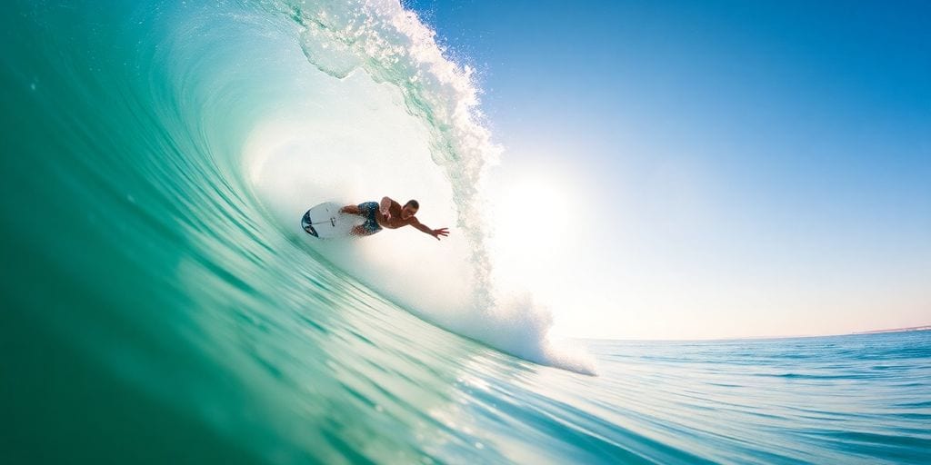 Surfer taucht unter Welle