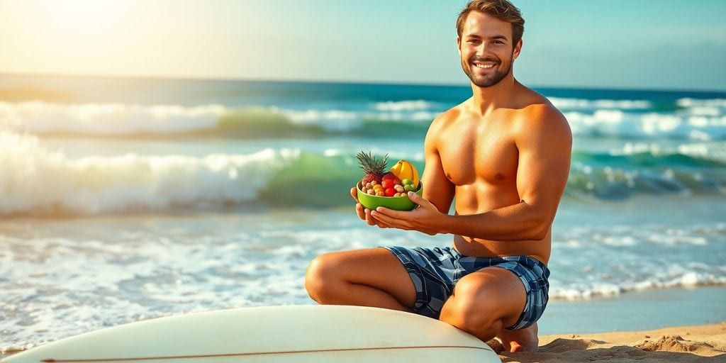 Surfer isst gesunde Mahlzeit am Strand.