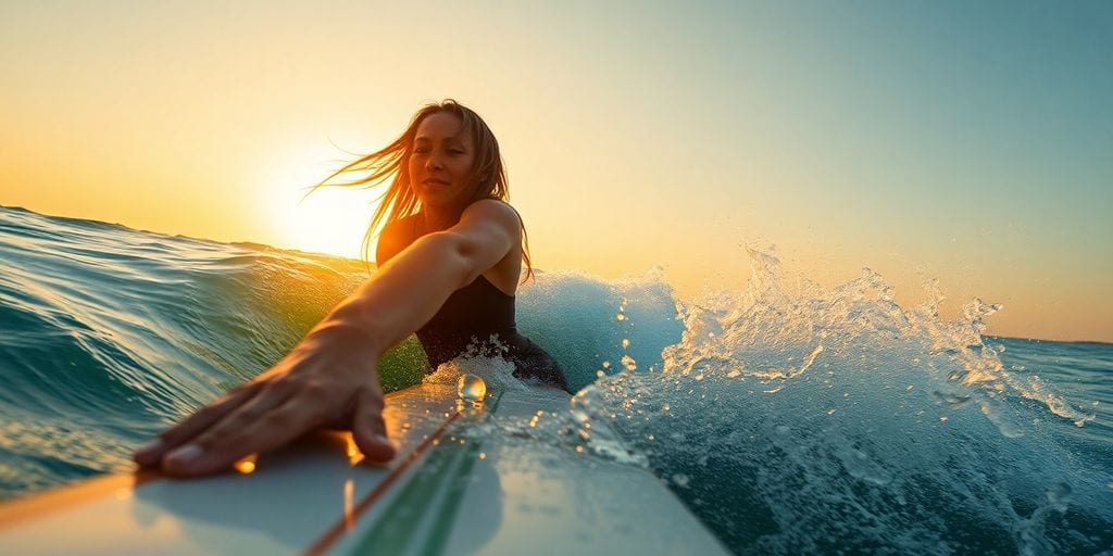 Frauen surfen Welle bei Sonnenuntergang