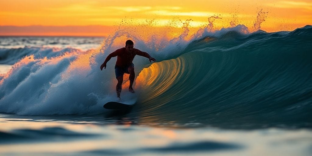 Surfer fängt Welle bei Sonnenuntergang