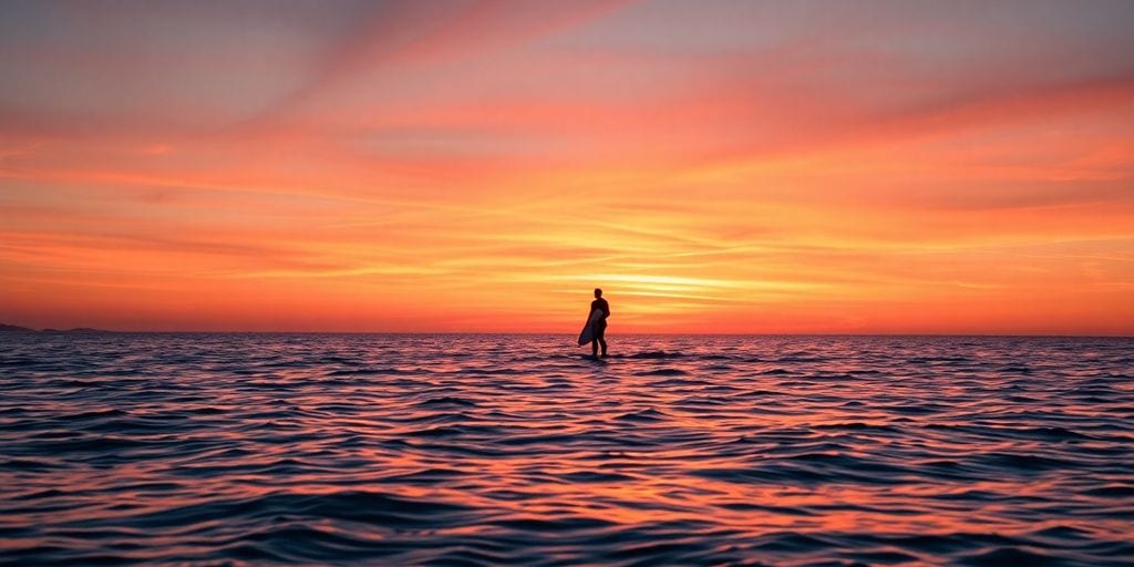 Surfer steht auf Brett im Meer, Sonnenuntergang