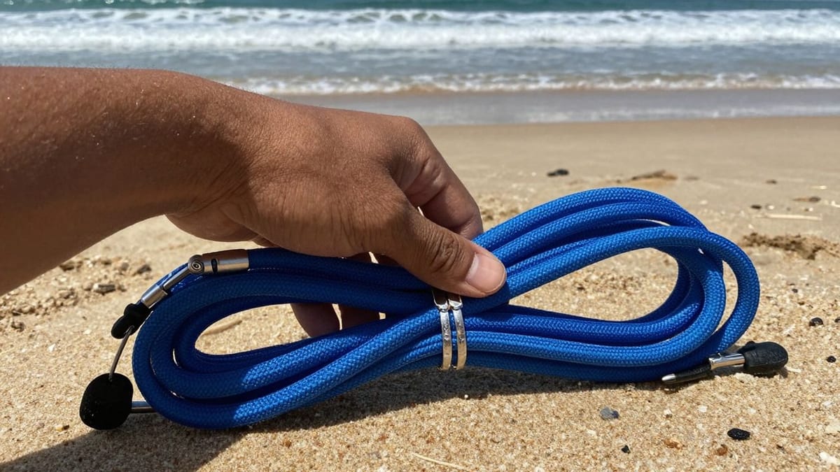Surfer hält eine blaue Surfleine am Strand