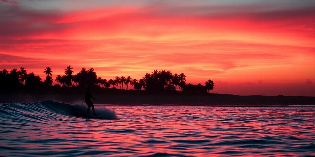 Surfer im Ozean bei Sonnenuntergang