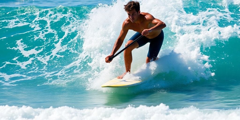 Surfer paddelt auf dem Brett, Gischt, Meer.