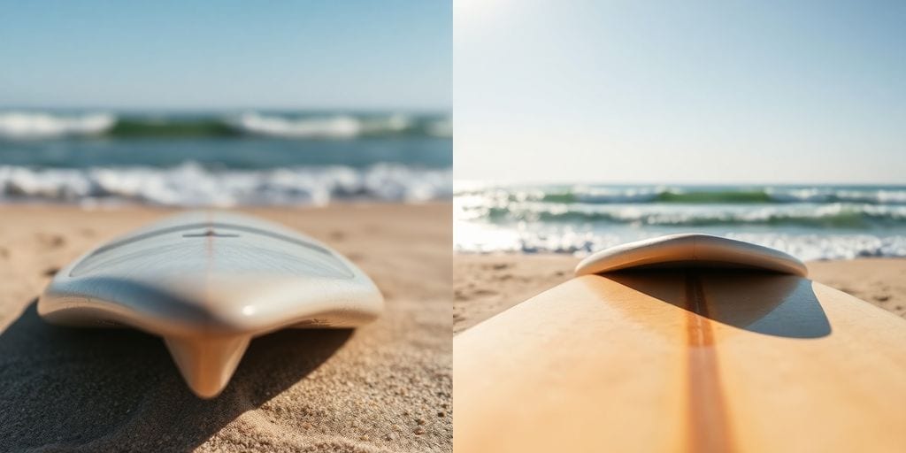 Zwei Surfbretter auf Sandstrand mit Wellen.