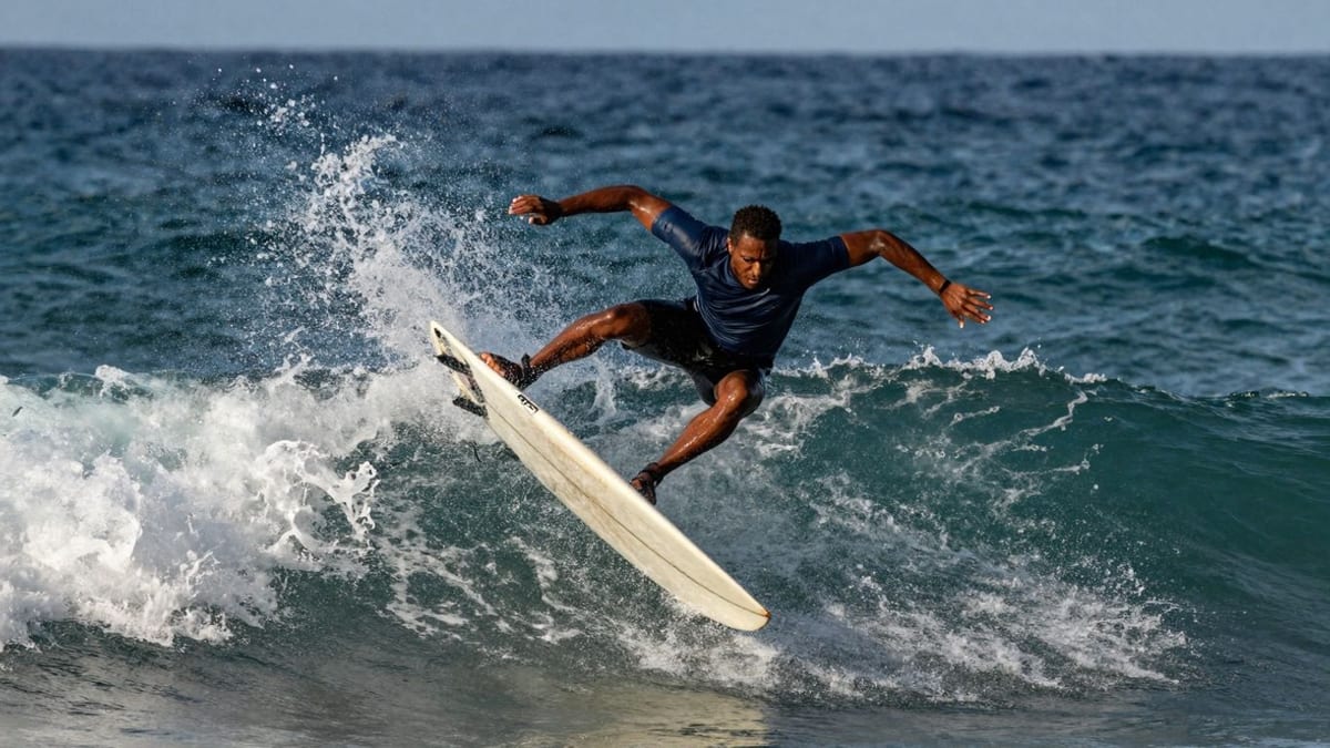 Surfer macht einen Sprung über einer Welle.