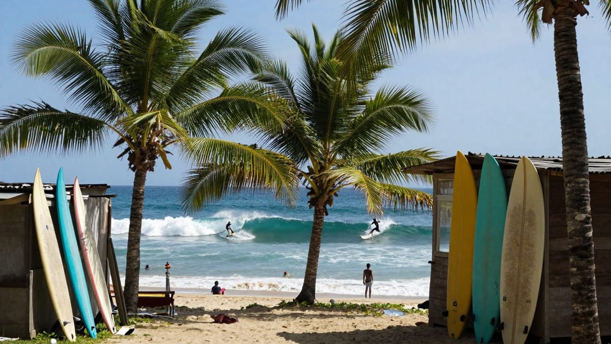 Surfer wählen: Strand, Wellen und Surfbretter für das perfekte Camp.