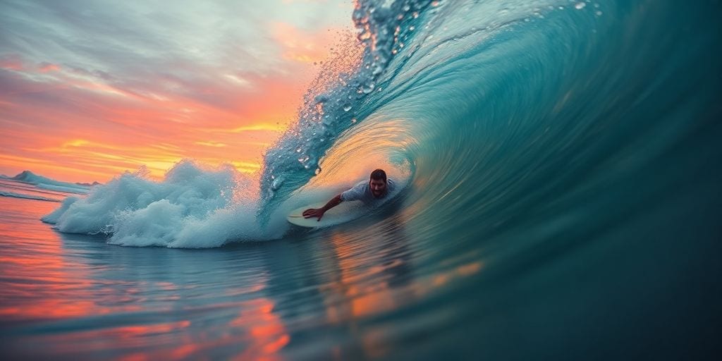 Surfer gleitet auf großer Welle unter Sonnenuntergang.