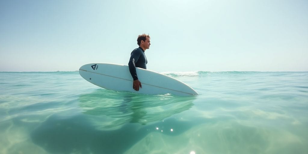 Surfer überprüft Wellen in der Ferne auf dem Ozean