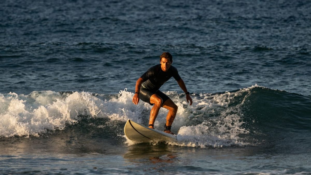 Surfer im Wasser mit Blick auf die Wellen