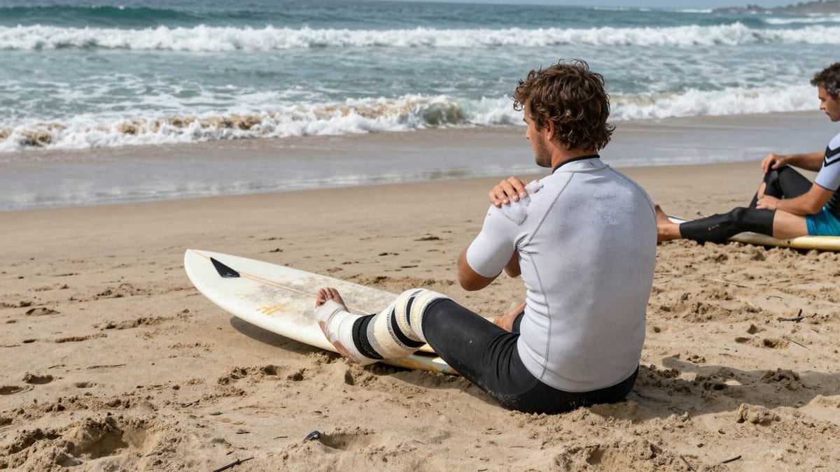 Surfer mit Bandage am Bein und Eis auf der Schulter.