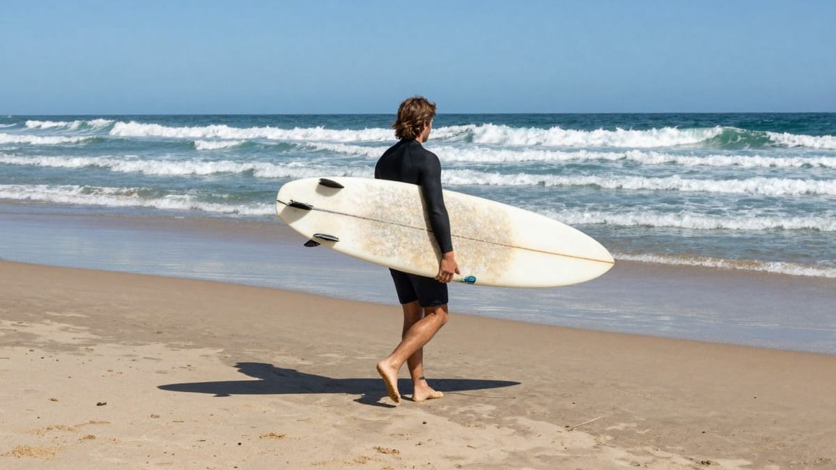 Surfer mit Surfbrett am Strand