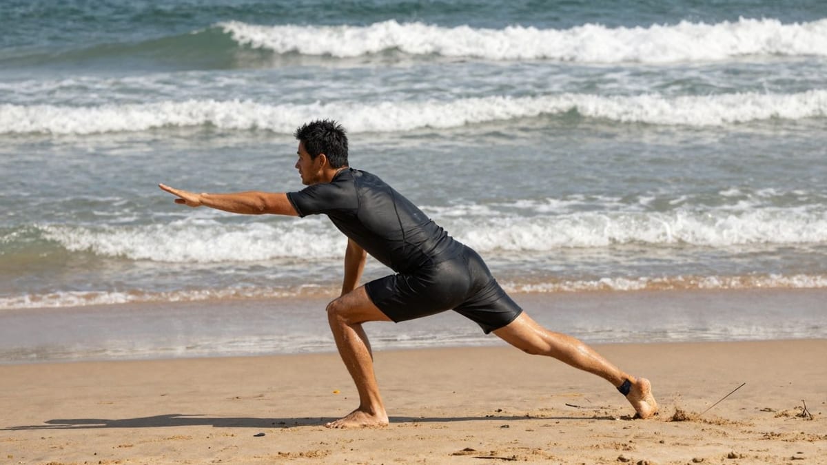 Surfer dehnt sich am Strand vor dem Surfen.