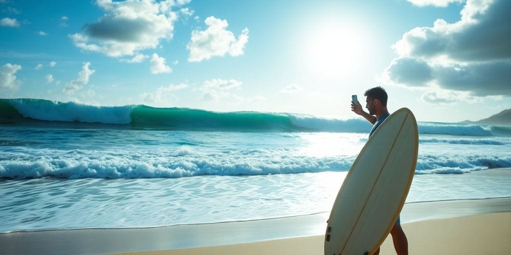 Surfer mit Handy am Strand, Wellen im Hintergrund