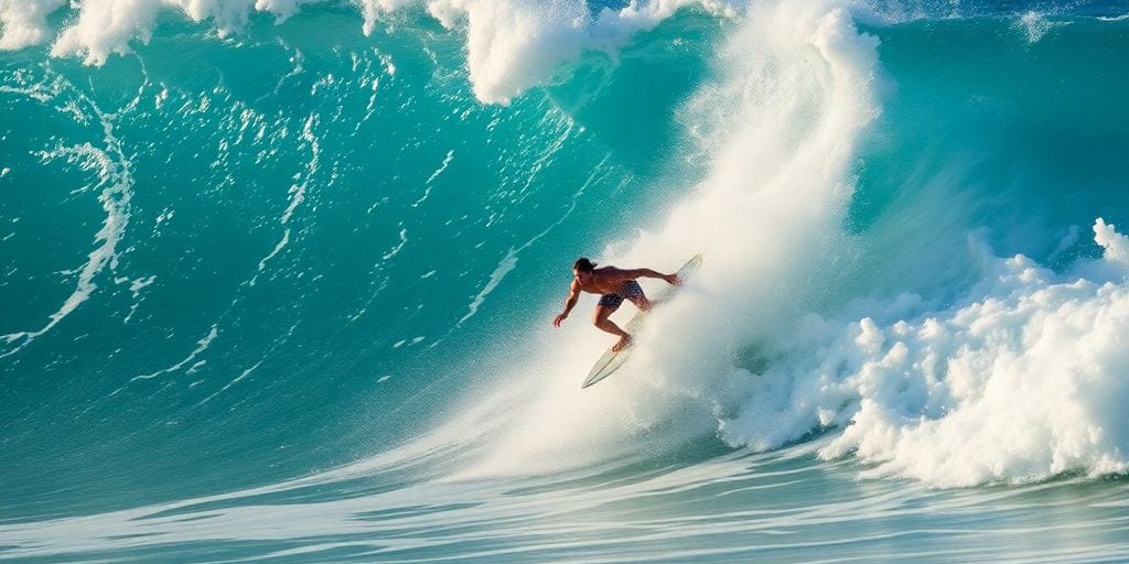 Surfer reitet hohe Welle, spritzendes Wasser, sonniger Tag