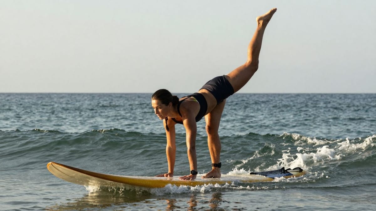 Frau in Yoga-Pose auf Surfbrett am Meer