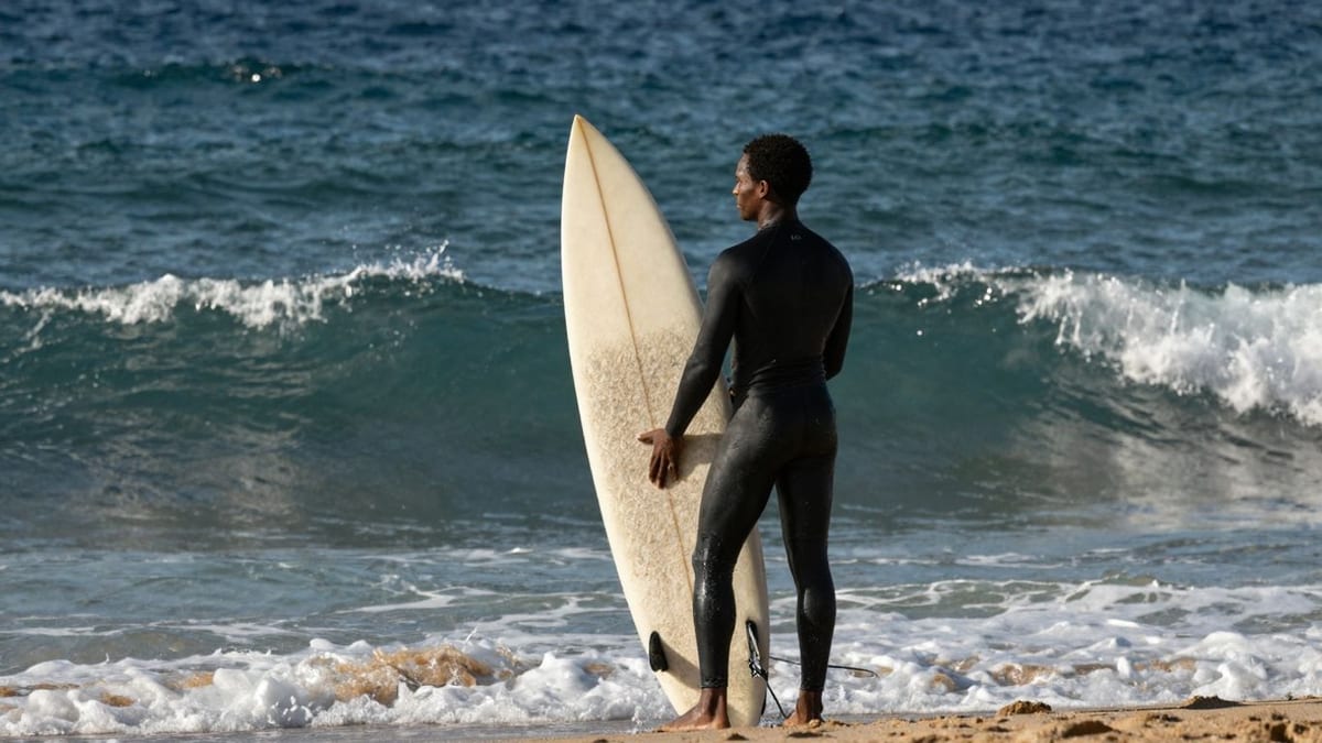 Surfer wählt Surfbrettgröße am Strand