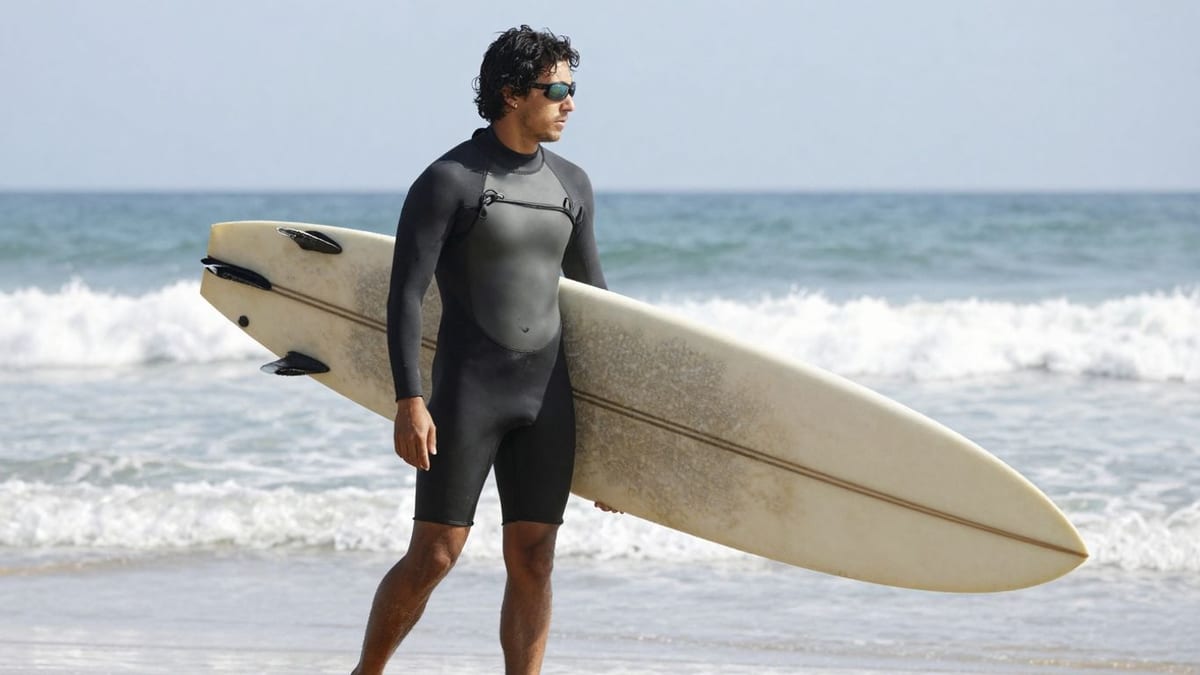 Surfer wählt Surfbrettlänge und Volumen am Strand