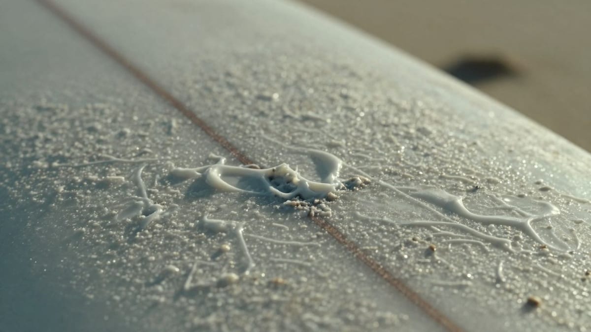 Surfbrett mit Wachs und Reparaturdetails