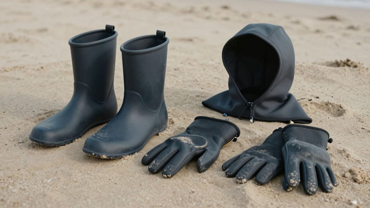 Neopren-Zubehör: Booties, Handschuhe und Kapuze für Wassersport.