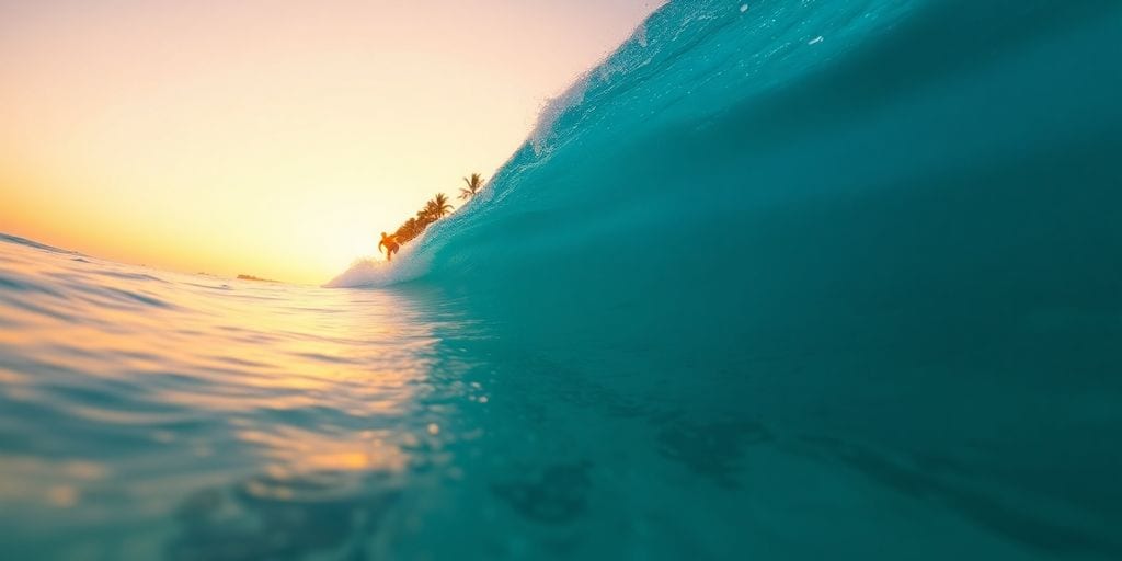 Surfer auf tropischer Welle in Indonesien.