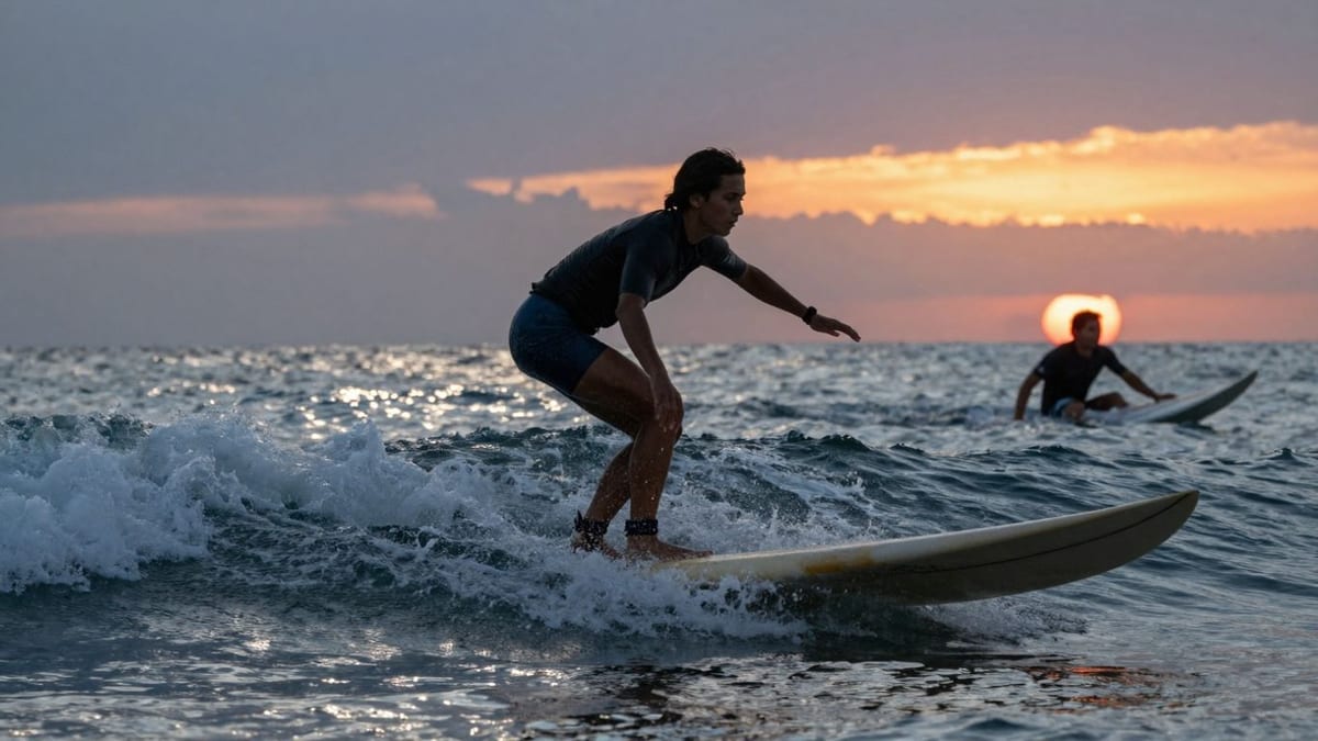 Surfer reitet eine Welle im Sonnenuntergang