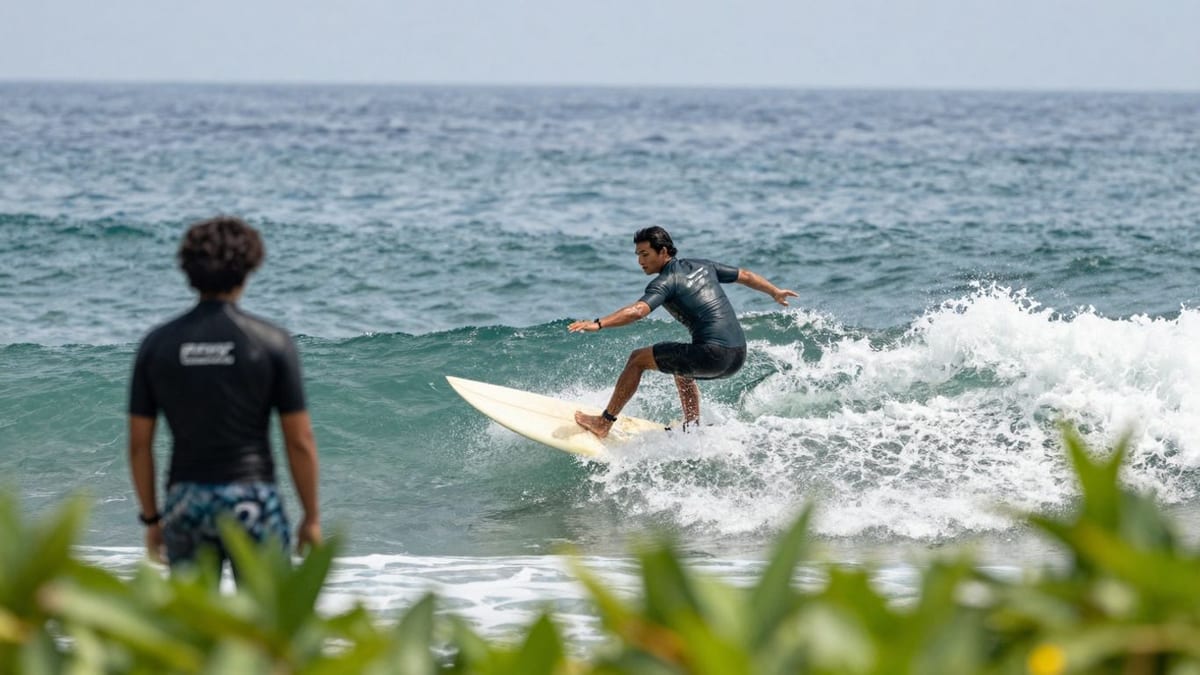 Surfer auf Welle, anderer Surfer wartet im Wasser