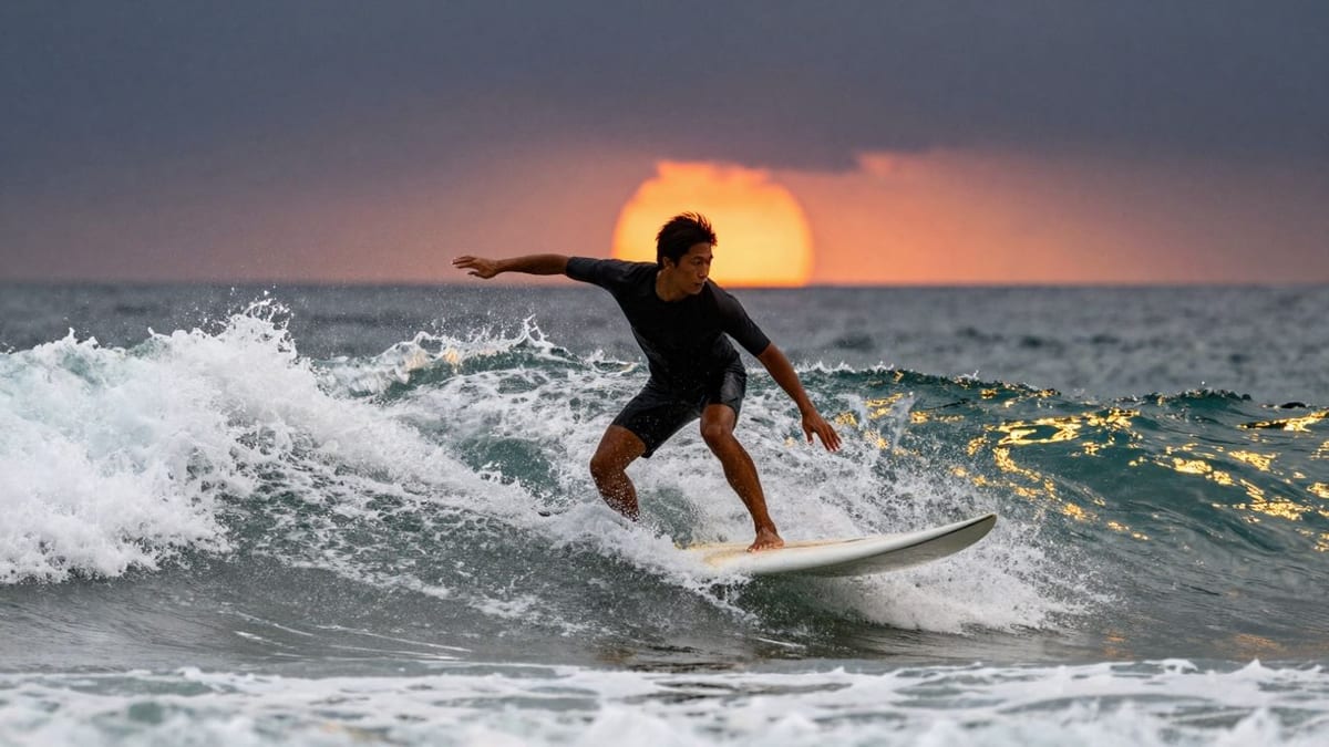 Surfer im Sonnenuntergang am Strand