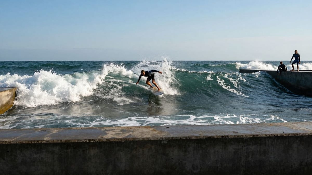 Surfer auf Welle, Fluss und stehendem Kielwasser