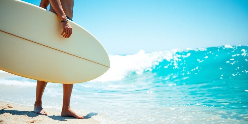 Surfer steht mit Board am Strand vor Wellen.